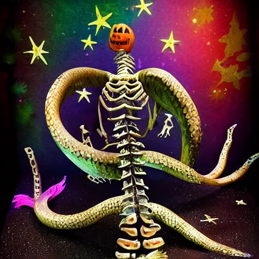 Image similar to stop motion bipedal halloween eel snake skeleton fantasy mermaid with a fish bone body, wearing a frilly mermaid skirt, on a handcrafted cardboard dock to look at the hand painted night sky full of glittery star stickers and glow in the dark star stickers over a shredded paper sea, adorable, side profile, macro camera lens