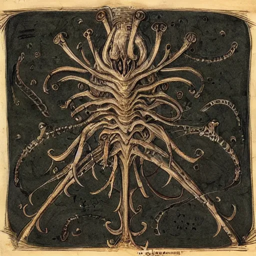 Prompt: bloodborne boss in the voynich manuscript, codex gigas