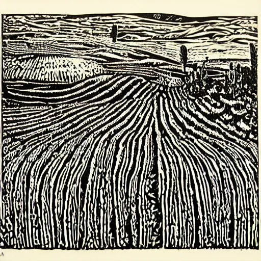 Image similar to intricate, detailed, Linocut Art on paper of fields of wheat in the northwest. Latin American Linocut Art, grabado mexicano.