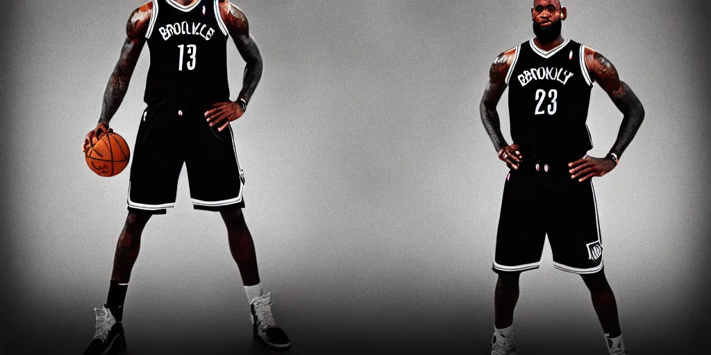 Prompt: photograph of lebron james in a brooklyn nets jersey portrait black background