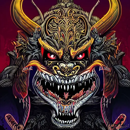 Image similar to side profile of barong family member, wiwek, mara demon, one single tribe member, jungle, one single mask, dark, ancient warrior, werewolf, tribal, inner glow, art by dan mumford and justin gerard