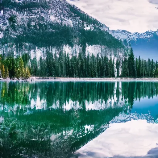 Prompt: a lovely forest, on an island in the middle of a magnificent lake with a mirror reflection of the forest, snow capped mountains in the backdrop, wide angle, high definition.