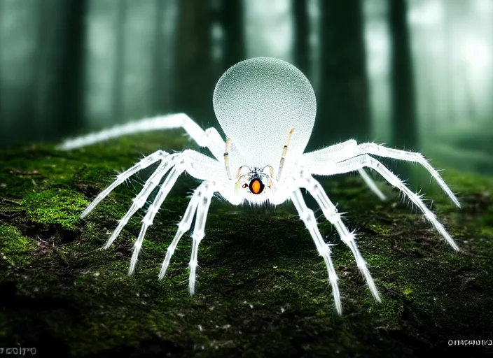 Prompt: white crystal clear spider in a forest. highly detailed 8 k. intricate. lifelike. soft light. fantasy horror style. cinematic post - processing