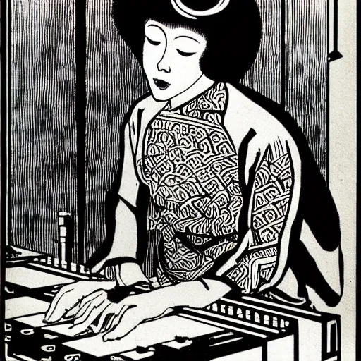 Image similar to A techno DJ, woodblock print, b&w, by Aubrey Beardsley