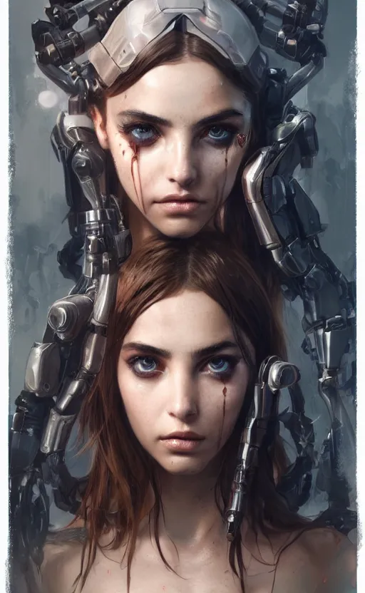 Prompt: a cyborg demon girl, ana de armas, flawless symmetrical pretty cute face, greg rutkowski, 8 k, shallow depth of field, intricate detail, concept art,