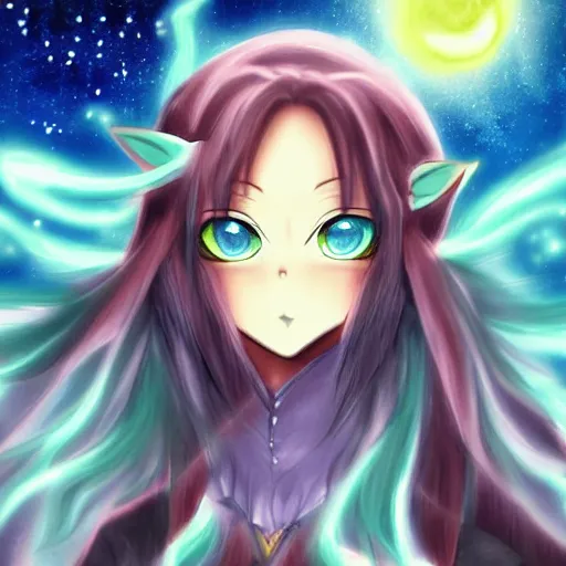 Image similar to digital painting of a long hair anime lady ELF dancing in the moonlight l Trending on Pixiv