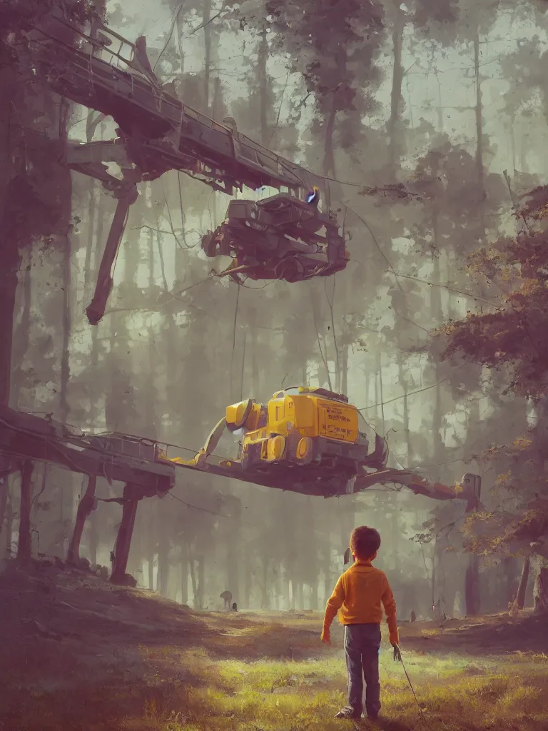 Image similar to a cute boy standing in the center of a painting from stalenhag, 4 k, 8 k, hdr, artstation, concept art