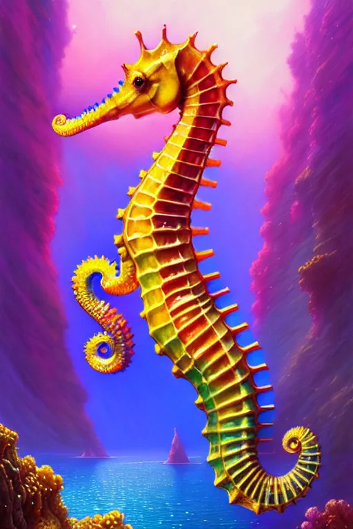 Image similar to highly detailed portrait of rainbow - colored seahorse, stephen bliss, unreal engine, fantasy art by greg rutkowski, rhads, ferdinand knab, makoto shinkai and lois van baarle, ilya kuvshinov, rossdraws, tom bagshaw, global illumination, radiant light, yellow blue theme, coral reef