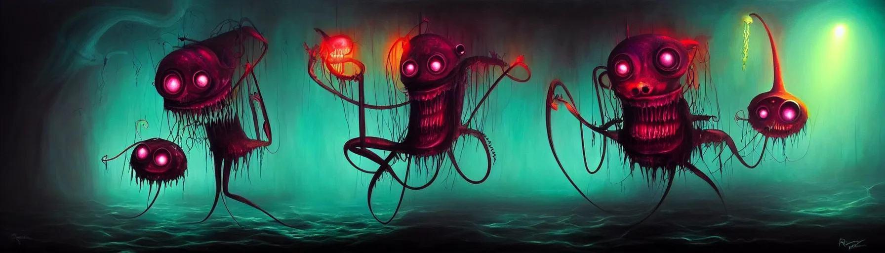 Image similar to strange whimsical demon plankton from the depths of the collective unconscious, dramatic lighting, detailed and atmospheric surreal darkly colorful painting by ronny khalil