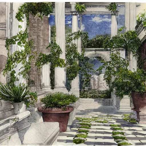 Image similar to delicate marble white garden on paper floating puffy vines botanical 1 9 2 0 herbarium botanic watercolors river rain iridescent 8 k wide angle realistic shaded fine details, artstation italian rainbow colonnade oak pinecone gardena architecture pompeii