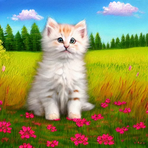 Prompt: cute fluffy kitten sitting in meadow of flowers landscape detailed painting 4 k
