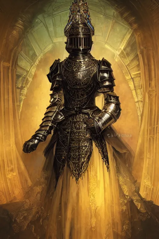 Image similar to beautiful luxury and goddess and victorian and holy female medieval Black armor knight portrait+shiny eyes+front face with light flowing hair, ultradetail face, ruined gothic cathedral, art and illustration by tian zi and craig mullins and WLOP and alphonse mucha, ssci-fi, fantasy, intricate complexity, human structure, hypermaximalist, fantasy character concept, dynamic lighting, neon light, watermark, blurry, hyperrealism 8k