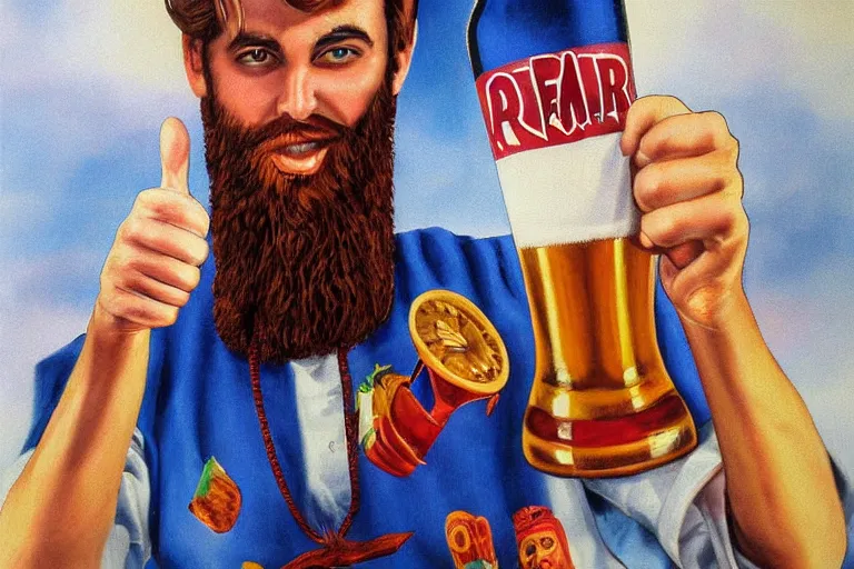 Prompt: a young man holding a beer giving a thumbs up with a long beard, airbrush painted, 80s poster, detailed