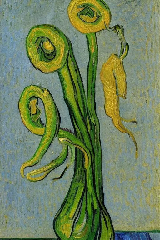 Image similar to Fiddleheads, painted by Vincent Van Gogh (1890), oil on canvas, detailed brushstrokes