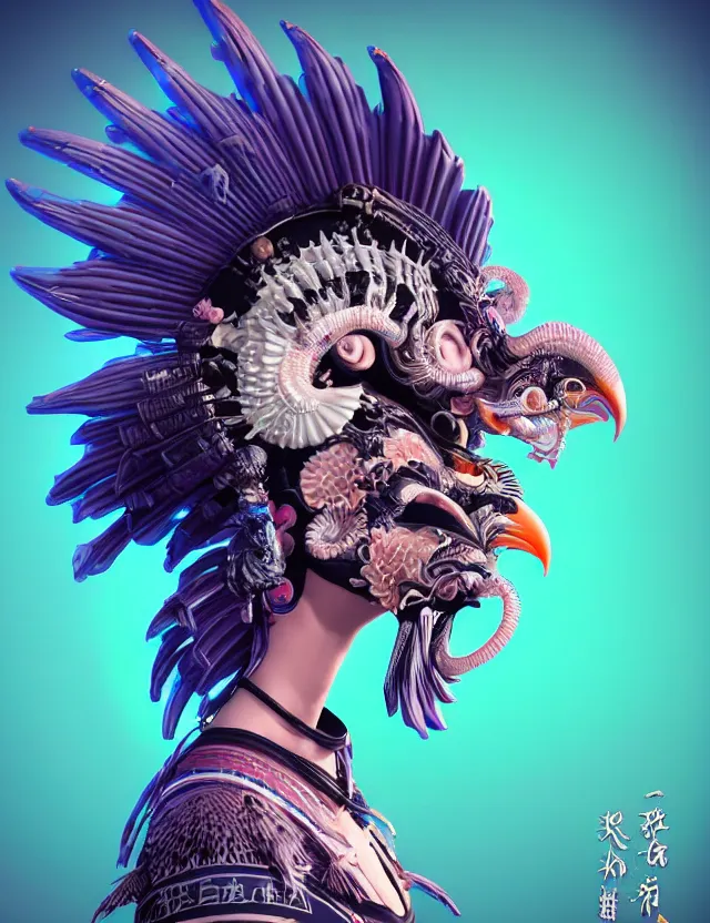 Image similar to 3 d goddess close - up profile portrait punk with mohawk with ram skull. beautiful intricately detailed japanese crow kitsune mask and clasical japanese kimono. betta fish, jellyfish phoenix, bio luminescent, plasma, ice, water, wind, creature, artwork by tooth wu and wlop and beeple and greg rutkowski