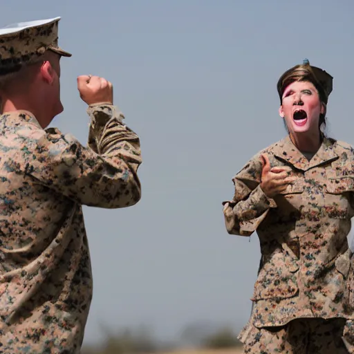 Prompt: a marine screaming while wearing a pink tutu