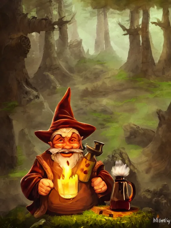 Prompt: evil alchemist gnome, brown tuffle coat, evil smile, flasks in hands, giving flasks to other gnomes, dnd, forest background, oil painting, matte painting, by midjourney