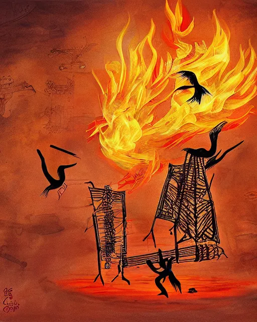 Image similar to the instrument pipa is used as firewood, burning cranes danced in the air, digital painting, concept art