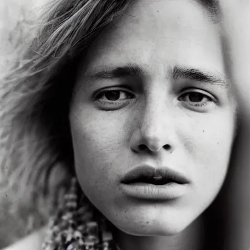 Prompt: a candid extreme closeup portrait of an expressive face of a adventurous young woman by annie leibovitz