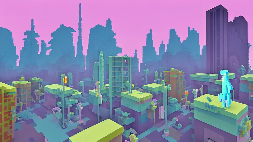 Prompt: Pastel Voxel Art of Lofi downtown vibes, downtown buildings in the foreground in studio ghibli style, little dinosaur creatures in the foreground by Vincent Di Fate, the background is battle mountain