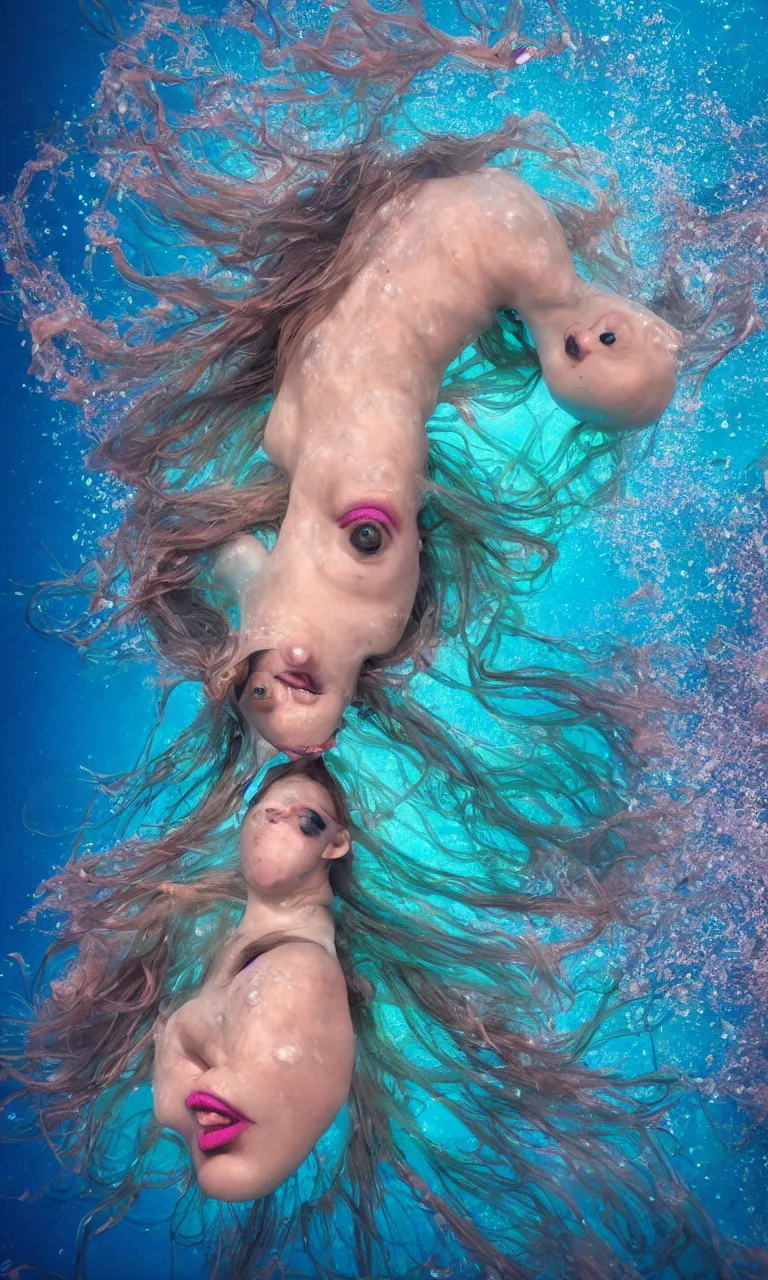 Image similar to head fish woman body surrealistic mermaid, half fish half woman , fish head, diving in the air rounded by jelly clouds made by national geographic underwater photographer 4k, 8k,