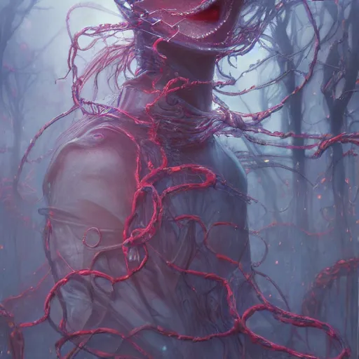 Prompt: Just living in the database as the madness of the system grows, flashback into a realm of tendril chains of cold by psychedelic james jean, Ruan Jia, Peter Morhbacher, rendered in hyperdetailed Ultra HD, trending on ArtStation, luminous