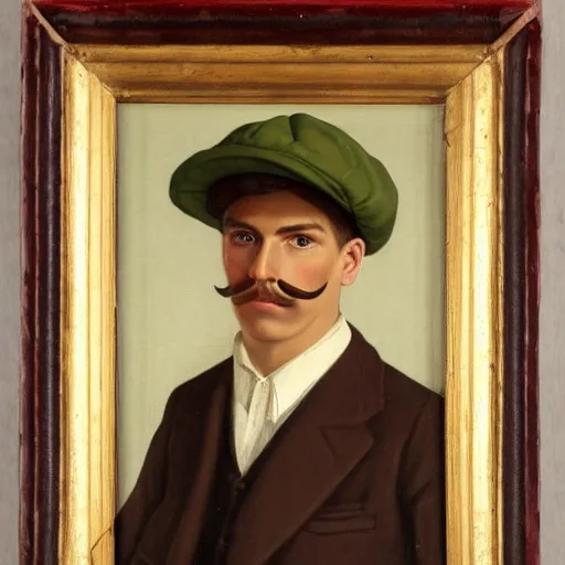 Image similar to portrait of a british young man in a flat cap, a small mustache, and a nice brown suit, oil painting