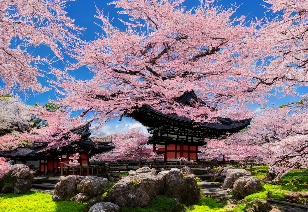 Prompt: An ancient shinto temple from Feudal Japan, cherry blossom trees, temple ruins, plant vegetation, fluffy clouds, sun rays, hyper realistic, high details, vivid colors, intricate details, artstation, octane, 8k