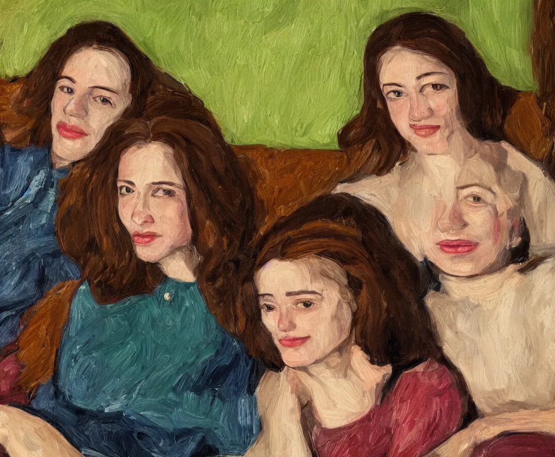 Image similar to portrait of pretty bella and esther with brown hair lying horizontal next to each other, in an old english apartment on a brown leather sofa. one is wearing a dark blue sweather, the other a white shirt. close up. in the style of lucien freud. oil painting. green light. thick colorful brush strokes. smiling