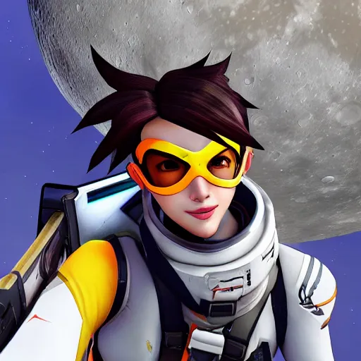 Image similar to tracer overwatch taking selfie on the moon