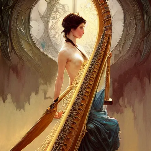 Image similar to a strange harp, d & d, fantasy, intricate, elegant, highly detailed, digital painting, artstation, concept art, smooth, sharp focus, illustration, art by artgerm and greg rutkowski and alphonse mucha