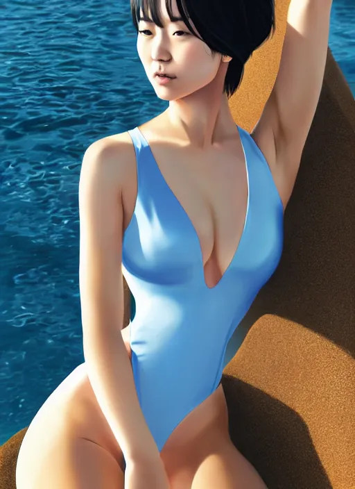 Prompt: gorgeous feminine Japanese woman wearing one-piece swimsuit, worksafe, elaborate polished, trending on ArtStation, by WLOP, Ilya Kuvshinov, Krenz, Cushart, Greg Rutkowski, sublime-classy-dignified ambience, 16k, sharp focus, volumetric lighting