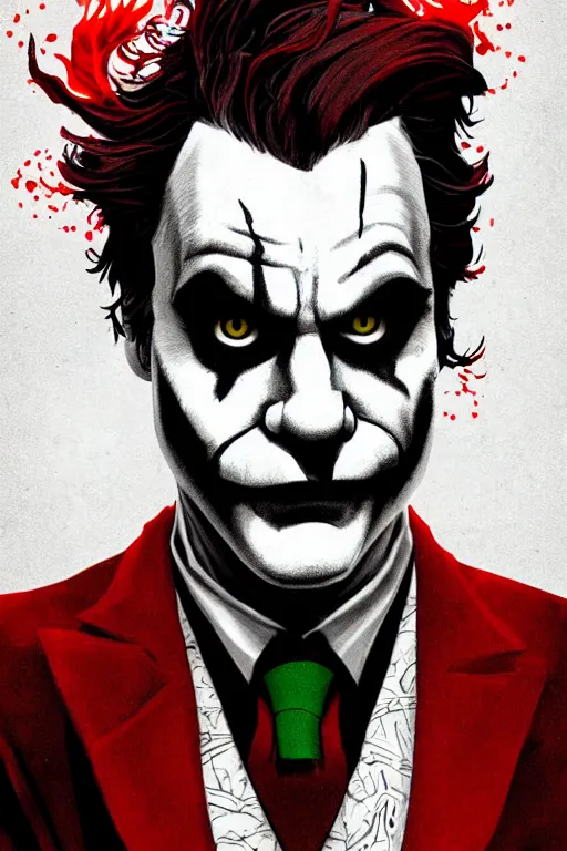 Prompt: joaquin phoenix joker issues 1, sadness, flame, red flower, copyright by dc comic, book cover, justify content center, delete duplicate content!, violet polsangi pop art, gta chinatown wars art style, bioshock infinite art style, incrinate, realistic anatomy, hyperrealistic, 2 color, white frame, content balance proportion