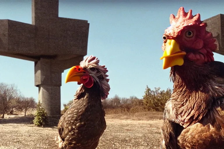 Image similar to a cinematic still of beautiful landscape, olmsted, brutalist chicken man