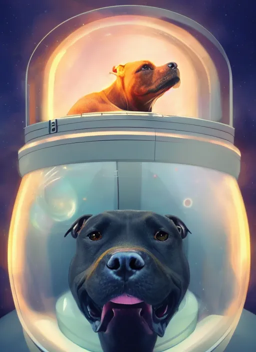 Prompt: anthropomorphic pit bull in the cockpit of a space capsule, digital illustration trending on artstation by artgerm and rutkowski