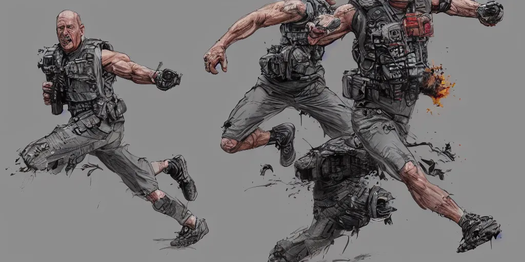 Image similar to cartoonish bruce willis running, by geert goilis, vivid colors, character sheet, fine details, concept design, contrast, kim jung gi, greg rutkowski, trending on artstation, 8 k, full body, turnaround, front view, back view, ultra wide angle