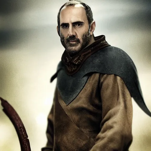 Prompt: Stannis is a large man, tall, broad-shouldered, and sinewy. He has dark blue eyes and a heavy brow. His head has only a fringe of black hair like the shadow of a crown, and he has a close-cropped beard across his large jaw. His face has a tightness to it like cured leather, and he has hollow cheeks, and thin, pale lips. He grinds his teeth regularly.