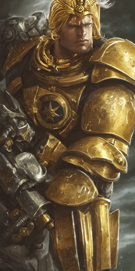 Image similar to warhammer 40k, half-lenght portrait of Emperor of Mankind, beautiful man without helmet, gold armor, beautiful face, long blonde hair, digital art, illustration, fine details, cinematic, highly detailed, octane render