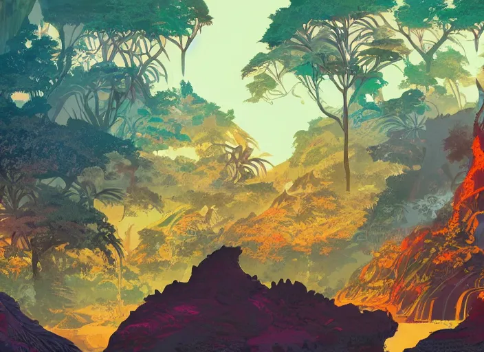 Image similar to psychedelic art of dinosaurs and volcanoes, jungle landscape, detailed, cel shaded, by makoto shinkai and moebius and anton fadeev and james gurney