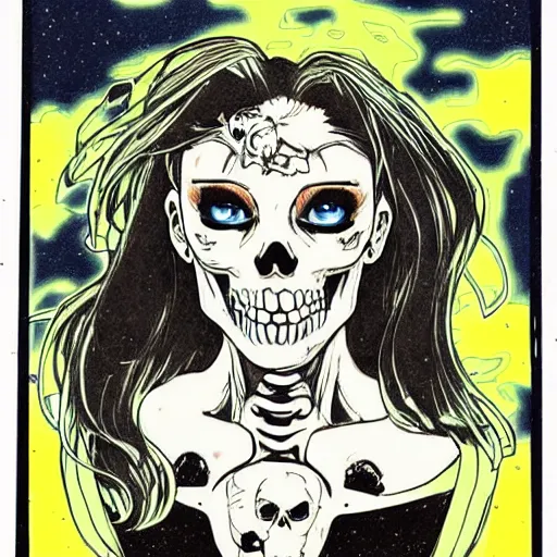 Image similar to anime manga skull portrait girl female skeleton astronaut illustration , the Simpsons, 80s art frank miller ditko and alphonse mucha pop art nouveau