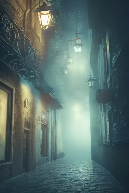 Image similar to a realistic photo of sandman, morpheus, swirling mist, intricate details and textures, mystical feeling, a dark and misty alley lit by gas lanterns, hyper realistic octane render, volumetric shading, depth of field, raytracing, 8 k,