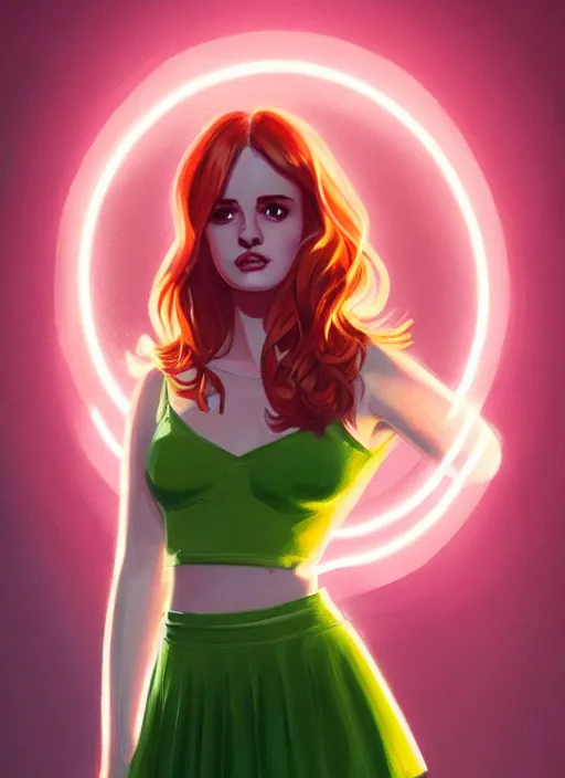 Image similar to full body portrait of teenage cheryl blossom, bangs, green eyes, sultry expression, red hair, sultry smirk, bangs and wavy hair, pink skirt, intricate, elegant, glowing lights, highly detailed, digital painting, artstation, concept art, smooth, sharp focus, illustration, art by wlop, mars ravelo and greg rutkowski