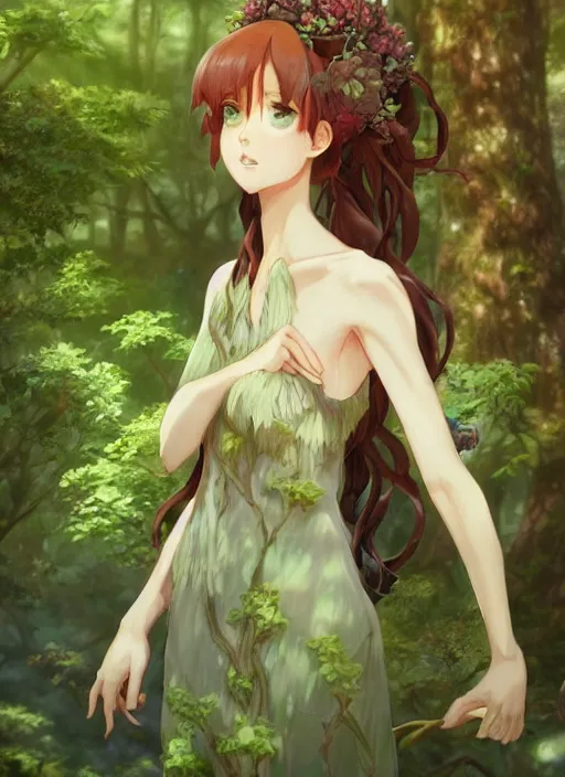 Image similar to a portrait a dryad in a forest, very anime, intricate, tone mapped, ambient lighting, highly detailed, digital painting, artstation, concept art, sharp focus, by makoto shinkai and akihiko yoshida and hidari and wlop