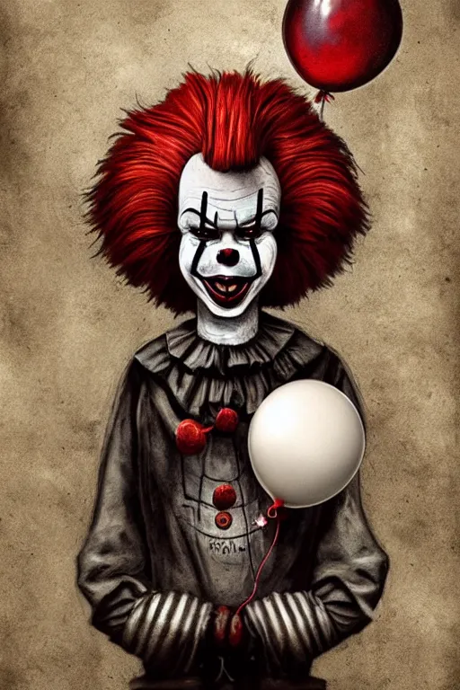 Prompt: surrealism grunge cartoon portrait sketch of Pennywise with a wide smile and a red balloon by - michael karcz, loony toons style, freddy krueger style, horror theme, detailed, elegant, intricate