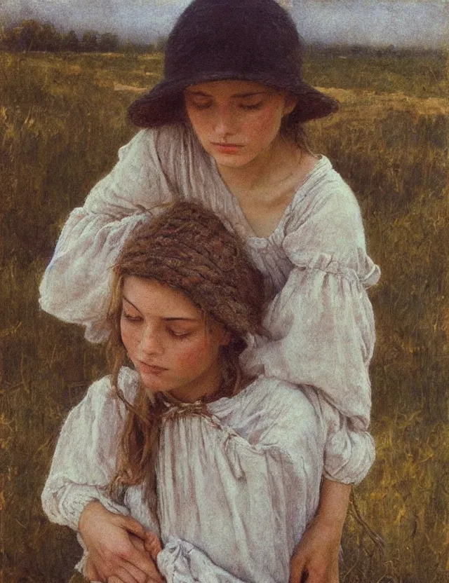 Image similar to peasant girl draw on a canvas, cottage core, cinematic focus, polaroid photo bleached vintage pastel colors high - key lighting, soft lights, foggy, by steve hanks, by lisa yuskavage, by serov valentin, by tarkovsky, detailed, oil on canvas