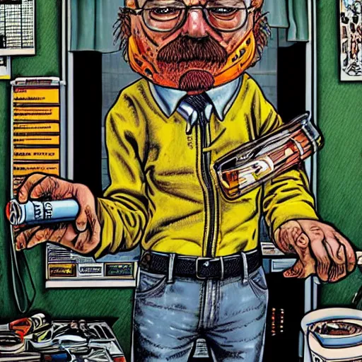 Image similar to The Artwork of R. Crumb and his Cheap Suit Breaking-Bad-Walter-White meth-lab, wearing a bio-hazard suit pencil and colored marker artwork, trailer-trash lifestyle