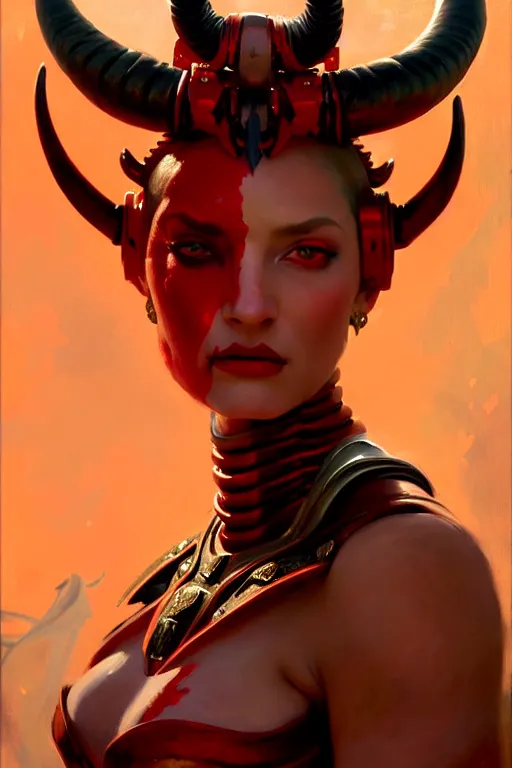 Image similar to painted close - up portrait of a very attractive red - skinned intimidating demon robot girl with ram horns! oil painting, wearing a noblewoman's outfit, fantasy art by john singer sargent and gaston bussiere and james jean and greg rutkowski, demon noble character design, ultra hd