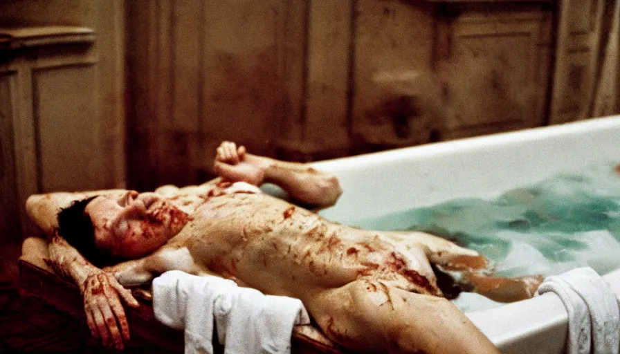 Prompt: movie still of marat wounded at the chest, in a bath flooded with blood, cinestill 8 0 0 t 3 5 mm, high quality, heavy grain, high detail, cinematic composition, dramatic light, anamorphic, ultra wide lens, hyperrealistic, by josef sudek