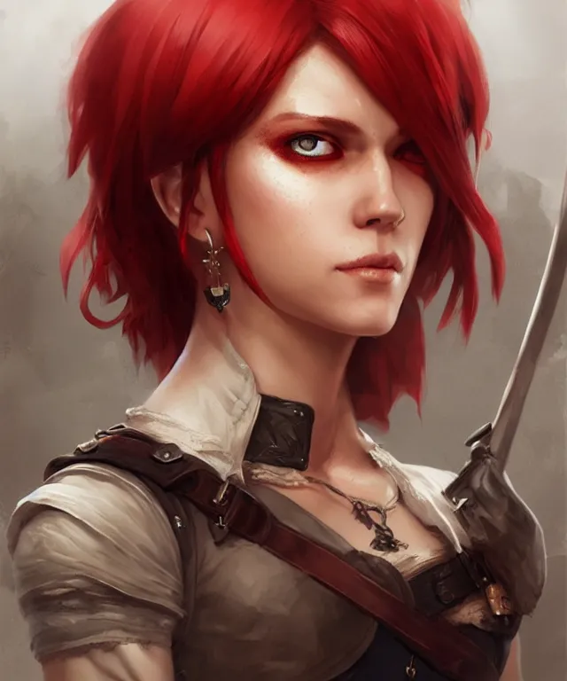 Image similar to Portrait of a charming female pirate, short red hair, eyepatch, highly detailed, digital painting, artstation, concept art, smooth, sharp focus, illustration by Artgerm and Greg Rutkowski andd Tom Bagshaw