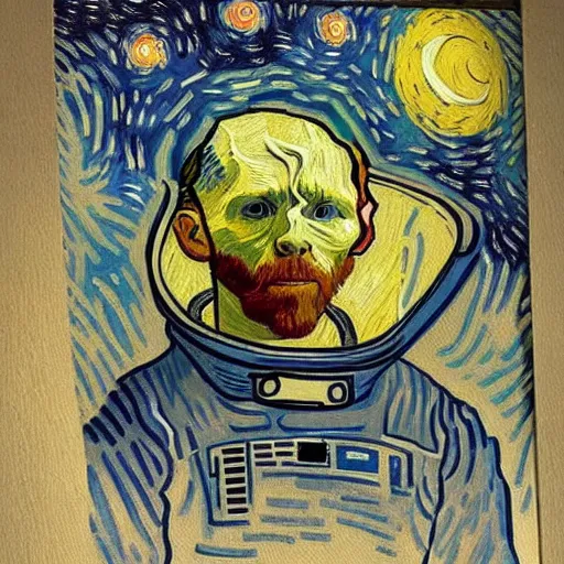 Image similar to Astronaut Lonely in the Galaxy - a painting by Van Gogh. very beautiful, HD detailed. Sad lighting, miserable emotions. The Astronaut is lost in the Galaxy.